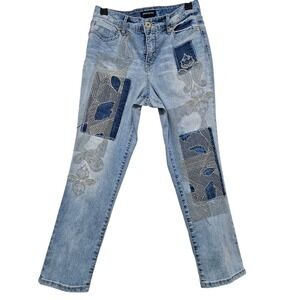 BANDOLINO Millie Capri Jeans Women Sz 10 Light Wash Embellished Patchwork Denim